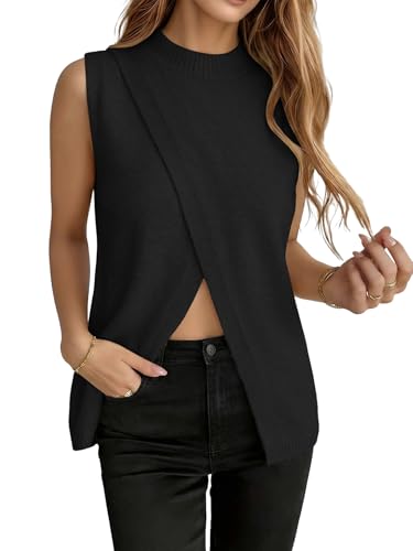 Women's Sweater Vest, Trendy Split Front Vest Top Y2k Sleeveless Mock Neck Pullover Sweater Knit Layering Outfits Black
