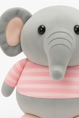 Image of Fun4you Plush Elephant Stuffed Animal Toy with Blue Striped T-Shirt, Soft Toy for Kids, Grey (Pink)