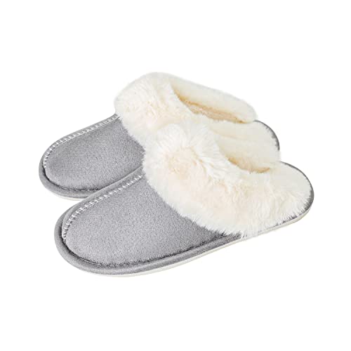 Women's Slippers Comfortable, Artificial Fur Flat Bottom Shoes and Memory Foam Sole Leather, Non Slip and Breathable, Keep Warm in Winter Indoor and Outdoor