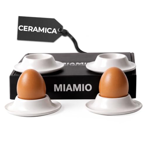 MIAMIO – Set di 4 Portauova in Ceramica, Portauova in Gres con Vassoio per Gusci, Portauova da Colazione di Qualità da Ristorante – Lavabili in Lavastoviglie (Bianco)
