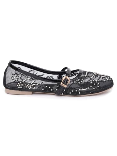 Image of TRYME Women's Elegant Mesh Mary Jane Ballerina Flats | Trendy Slip-On Comfortable Casual Flats Special Occasions