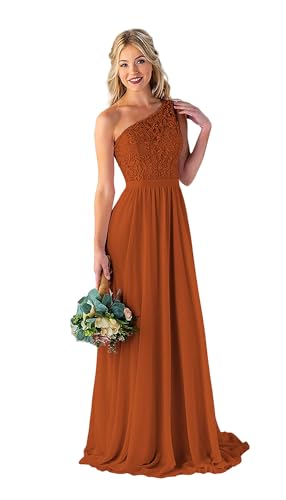 Image of Women's One Shoulder Bridesmaid Dresses Long for Wedding with Pockets Lace Bodice A-Line Chiffon Formal Party Gown