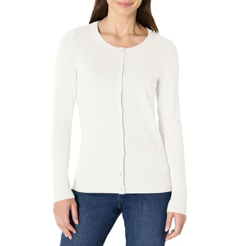 Amazon Essentials Women's Lightweight Crewneck Cardigan Sweater (Available in Plus Size), Ivory, Large