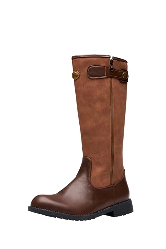 Santimon Men's Tall Riding Boots Knee-High Side-Zip Equestrian Motorcycle Boots Adjustable Strap Lug Sole Shoes Brown 10.5 US