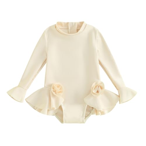 Kids Toddler Girls 3D Flower Swimsuit Flare Long Sleeve Ruffle Bodysuit One Piece Rashguard Swimsuit Bathing Suits