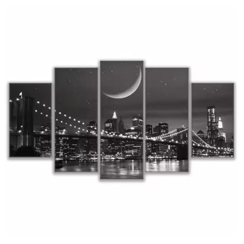 Décoration murale New York pour salon avec ce lot de 5 affiches du pont de Brooklyn de nuit