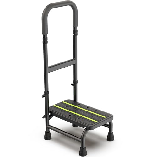 Packve Step Stool with Handle for Elderly, Non Skid Platform & Adjustable Handrail, Medical Stepping Stool for High Bed Mobility & Daily Living Aids, Bedside Car Stair Lift for Senior Adults 450lbs