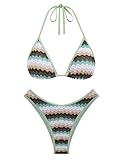 seamoly Women's Halter Bikini Sets Crochet Sexy Open Back 2 Piece Bathing Suits Cheeky High Cut Colorblock Thong Swimsuit Mint Green L