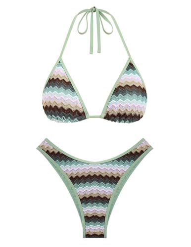 Image of seamoly Women's Bikini Sets Halter Neck Crochet Colorblock Two Piece Swimsuits Open Back Sexy High Cut Thong Bathing Suit