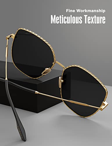 Image of LUENX Square Sunglasses for Women Oversized-Trendy Polygon Flat Three dimensional Rhombic Loop Wire Frame PC Lens, Gold Frame /Grey Lens,