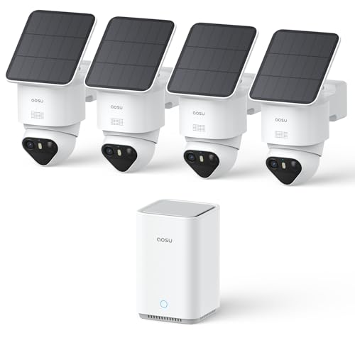 aosu T2 Ultra 4K UHD Überwachungskamera Aussen Solar Akku für Neue aosuBase, 4 Cam-Kit, TrueColor Nachtsicht, Auto-Tracking, 360° Schwenk/Neigung,Ohne ABO-Gebühren，erweiterbarer Speicher bis