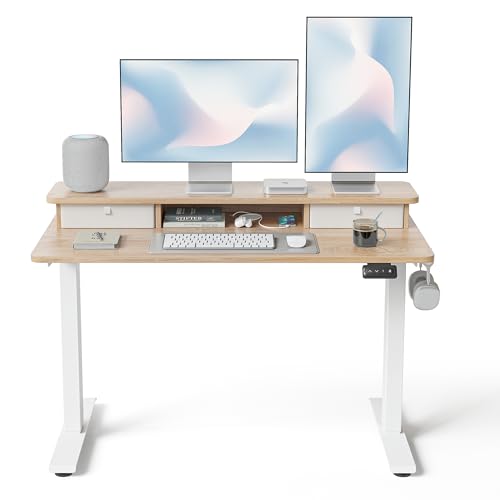 Image of FEZIBO 48 x 24 Inch Height Adjustable Electric Standing Desk with Double Drawer, Stand up Home Office Computer Desk with 4 Height-Adjustable Feets & 2 Hooks,Maple