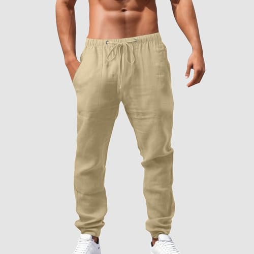 Men's Casual Cotton Linen Pants Elastic Waist Loose Lightweight Jogger Pants Yoga Vacation Beach Trousers with Pockets3