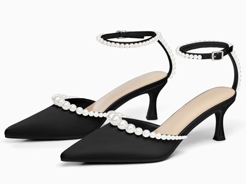 Image of Coutgo Womens Pearl Kitten Heels Closed Pointed Toe Wedding Bride Dress Shoes Ankle Strap Satin Pumps
