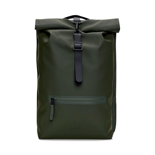 RAINS Rolltop Rucksack Green Waterproof Rolltop Backpack Water Resistant Water Repellent Commuter Travel Pack Urban Minimalist Design 2 Year Warranty