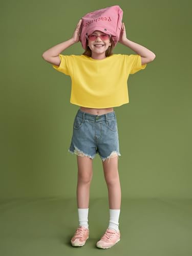 Image of Girls Athletic Oversized Crop Tops Kids Drop Shoulder Short Sleeve T Shirts Workout Tees 5-14 Years