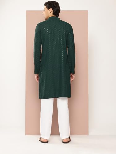 Image of See Designs Men's Long Sleeve Side Slit Embroidered Sequined Rayon Mandarin Collar Kurta