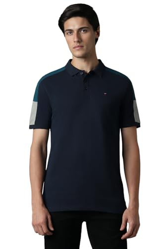 Image of Louis Philippe Men's Slim Fit Premium High-End Pique in Superior Cotton Cut & Sew Design Color Block Shoulder Half Sleeve Polo Tshirt