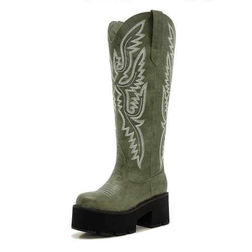 Image of Uillnoodu Wide Calf Cowboy Boots Women Adjustable Lace Up Knee High Tall Plus Size Cowgirl Boots Western Style Comfortable 2-Inch Heel