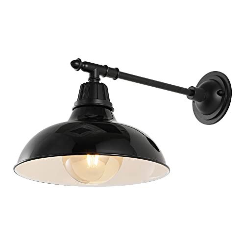 Image of JONATHAN Y Wallace 1-Light Outdoor 12.25 inch Wall Sconce, Black | Industrial Farmhouse Metal Gooseneck Barn Light, Victorian Arm, Wet Rated, Bowl Shade, LED Bulb Included, Vintage Porch Lamp