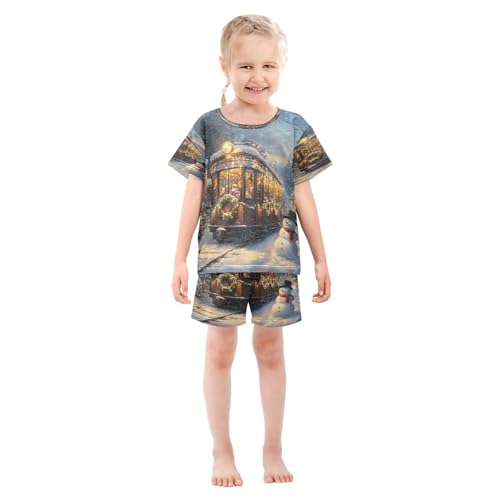 ALAZA Christmas Train Snowman Pajamas Set Short Sleeve Cotton Sleepwear Summer Pjs 2 Piece 5-14Y3