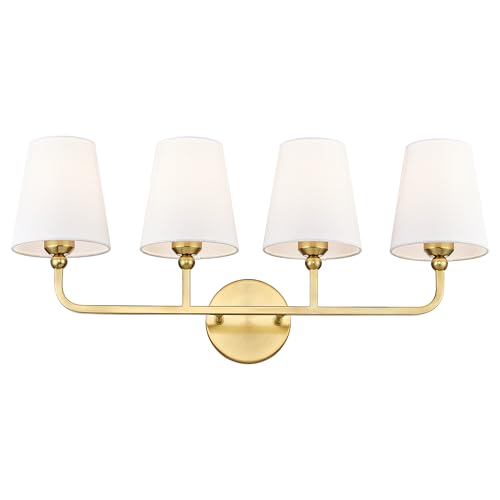 Image of Bathroom Light Fixtures, 4 Light Brushed Gold Vanity Lights with Flared White Fabric Shade, 28 Inch Wall Sconce, Modern Sconces Wall Lighting for Hallway Bedroom, VL837-BG-4