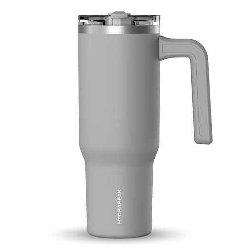 Image of Hydrapeak Voyager 32 oz Tumbler with Handle and Straw Lid | Reusable Stainless Steel Water Bottle Travel Mug Cupholder Friendly | Insulated Cup (Grey)