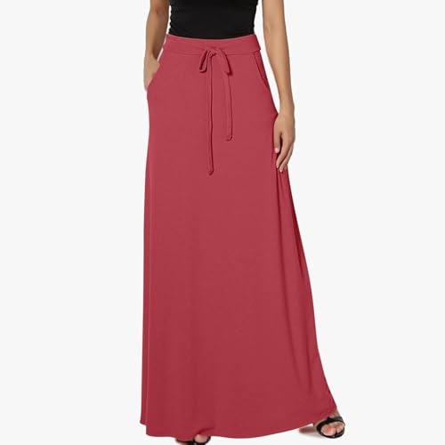 Womens Maxi Skirt Elastic Basic Solid Tie Dye Foldable High Waisted Midi Length Plus Size A-Line Skirts with Pockets(Watermelon Red,3X-Large)2