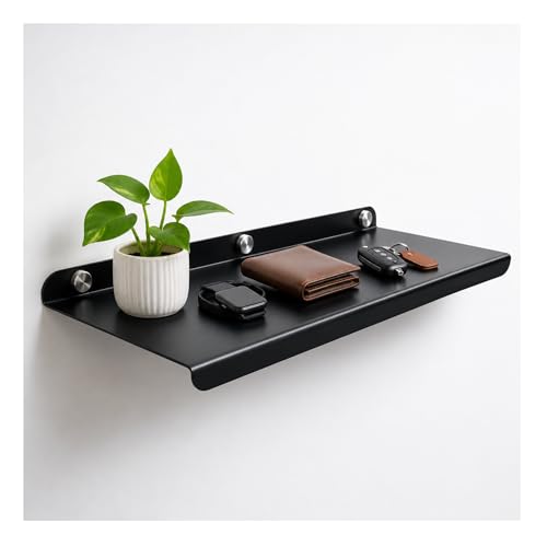 Image of OrganizeMee Black Metal Floating Wall Shelves - Long Wall Mounted Shelf for Living Room Decor, Bedroom & Home Walls | Modern Design Rack for Books, Plants, Showpieces & Organizer Use | 12 Inch