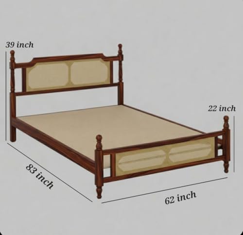 Image of JANGHU FURNITUREWALA Wooden /Rattan /Cane /Queen Size Bed Without Storage -Sheesham Wood -King Cot -Palang -Bed Stylish Bedroom Furniture /Hotel Furniture (Flor De Cerezo, Honey Finish) Rattan /Cane Bed