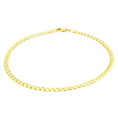 Nuragold 10K Yellow Gold 3Mm Solid Cuban Curb Link Chain Bracelet Or Anklet, Womens Mens Lobster Clasp 7" 7.5" 8" 8.5" 9" #TOP5
