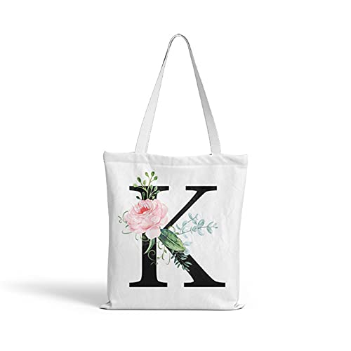 EMFGJ Brief Tote Bag Canvas Floral Initial Handtasche Wiederverwendbare Einkaufstüten Einkaufstaschen für Brautjungfern Hochzeit Bachelorette Baby Shower Party,K Cover