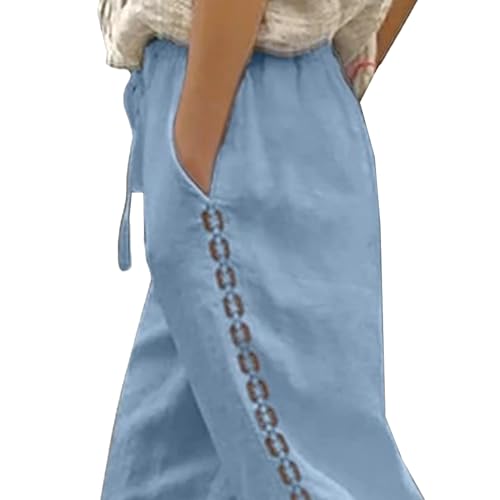 Cotton Linen Pants Women Elastic High Waist Wide Leg Plus Size Beach Trousers with Pockets3