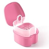 JMU Denture Bath Case, Denture Cup for Soaking Dentures with Strainer Basket Tray for Dentures, Mouth Guard Storage Case, Pink