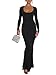 REORIA Womens Sexy Casual Scoop Square Neck Long Sleeve Soft Lounge Long Dress Fall Wedding Guest Elegant Ribbed Bodycon Maxi Dresses Black Small