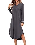 KOJOOIN Nachthemd Damen Langarm Nachtwäsche V-Ausschnitt Lange Nachtkleid Knopfleiste Schlafshirt Sleepwear (Verpackung MEHRWEG), A-Dunkelgrau, M