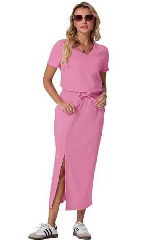 Image of GRECERELLE Women Summer Casual 2 Piece Sets V-Neck Wrinkle-Free Top & Elastic Waist Midi Side Slit Skirt with Pockets