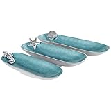 Deco 79 Aluminum Metal Handmade Decorative Bowl Enameled Oval with Shell, Starfish, and Seahorse Accents, Set of 3 17', 14', 13'W, Teal