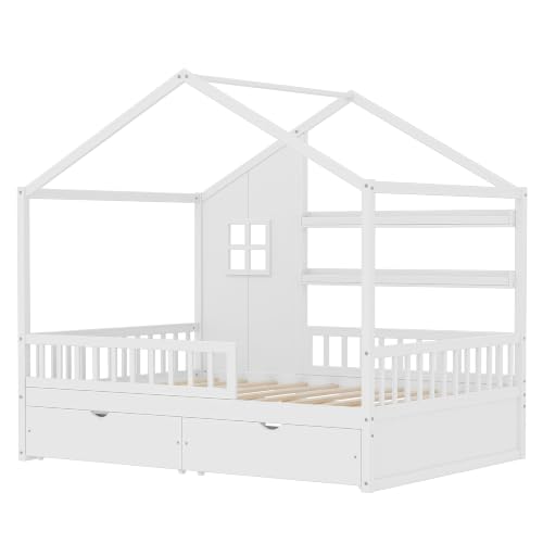 Image of Bellemave Full House BedFrame with Canopy and Storage Drawers, Montessori Bed, House Bed with Rails for Kids, White