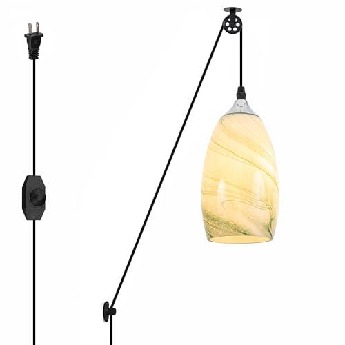 SKIVTGLAMP No Wiring Needed Pendant Lighting Swag, Pulley Wheel Design, 15ft Plug-in Dimmer Cord, Lake Green Cloud Oval Marble Water Ripple Glass Cover for Hallway Sloped and Vaulted Ceiling