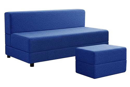 Image of 5X6-Feet Leg Sofa Cum Bed with Ottoman | Jute Fabric 3 Seater Convertible Sofa Bed | Modern Space Saving Furniture for Living Room | Blue