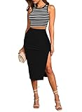 Pink Queen Two Piece Sets for Women Going Out Trendy Striped Sheath Pencil Midi Skirts Set Slim Bodycon Brunch Outfits Black Stripe L