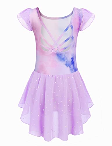 Image of Arshiner Girls Shiny Ruffle Sleeve Ballet Leotard with Skirt Criss-Cross Back Dance Dresses