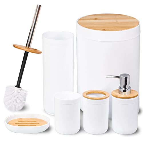 MissFox 6-teiliges Badezimmer Set, Seifenspender Zubehör Set aus Bambus, Badezimmer Accessoires Set mit Lotionspender, Mülleimer, Seifenschale, Toilettenbürste, Zahnbürstenhalter und Zahnputzbecher