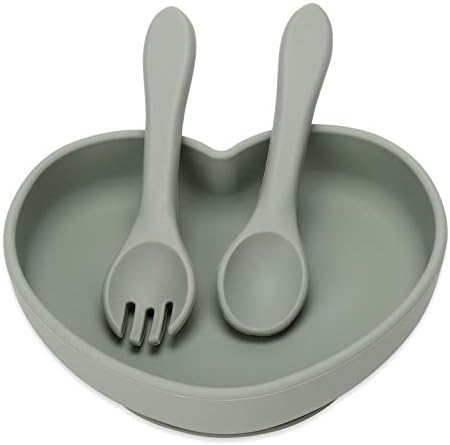 Suction Plate, Socub Silicone Plate for Baby and Toddler, Unbreakable Non-Slip Kids Plates with Spoon and Fork, BPA Free, Dishwasher and Microwave Safe, Sage