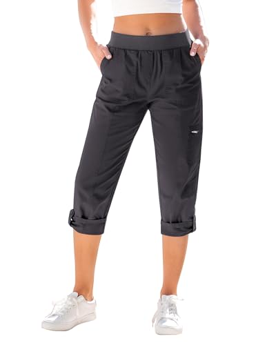 GRAPENT Capri Cargo Pants for Women High Waisted Pull On Elastic Waist Stretch Twill Fold Hem Capris Pants with Pockets