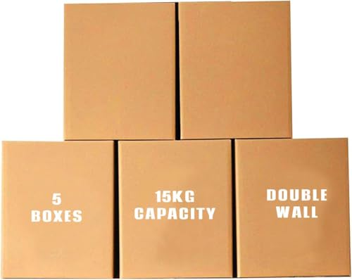 ECVV [5 Pack] Large Double Wall 100% Recyclable Corrugated Cardboard Moving Boxes with 15 KG Capacity [41 x 33 x 33 cm] Brown Carton for Packaging Shipping and Storage 5 ply Brown