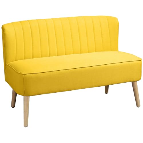 HOMCOM Sofa 2 Sitzer Couch, Kleine Loveseat mit Leinen-Optik Modern Polstersofa für Wohnzimmer, Schlafzimmer, kleinen Raum, Gelb 117 x 56,5 x 77 cm