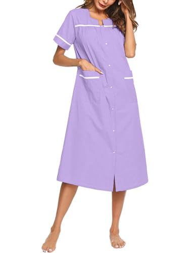 Image of Ekouaer Womens Snap Front Dusters Cotton Housecoat Short Sleeve Nightgown House Dress With Pockets