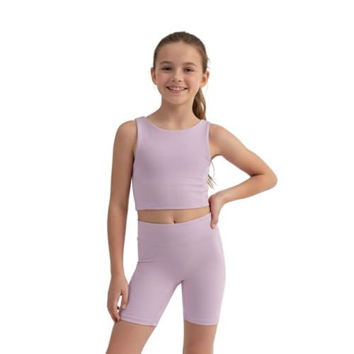 Image of WELAKEN Girls 2 Piece Athletic Outfit Kids Yoga Crop Tank Top and Biker Shorts Set